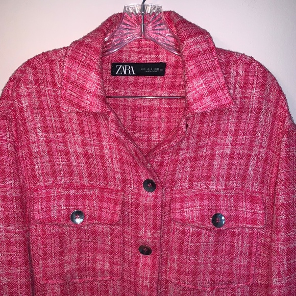 Zara Tweed Textured Woven Plaid Frayed Overshirt Shacket Shirt Jacket Pink S - Picture 9 of 16